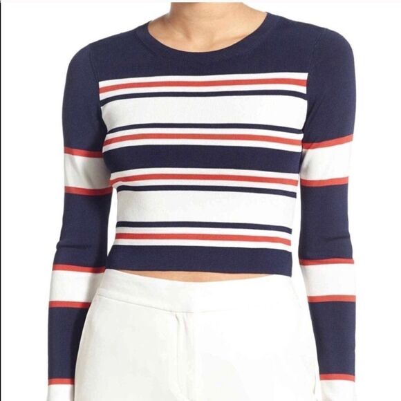 Trouve navy striped long sleeve knit crop top - Picture 1 of 9